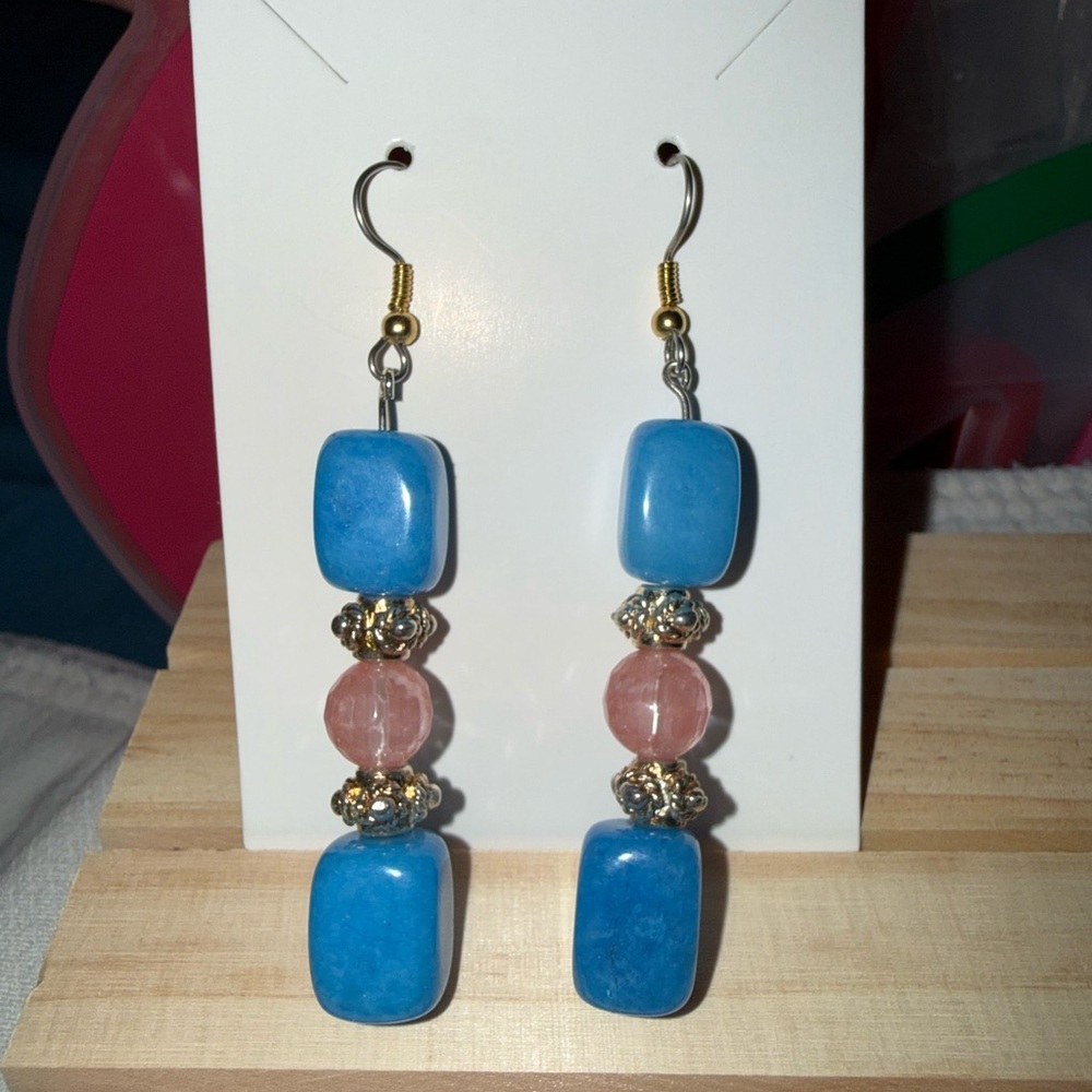 Blue Stone and Pink Strawberry Quartz Beaded Earrings - Picture 1 of 1